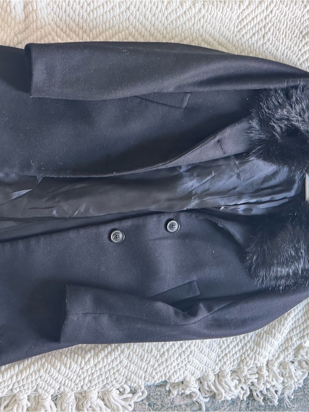 Zara Black Double-Breasted Pea Coat with Faux Fur Trim